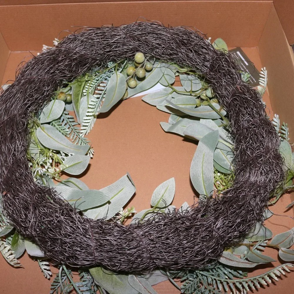 Artificial Eucalyptus wreath 14 inches wide new open box W/LED bluetooth lights